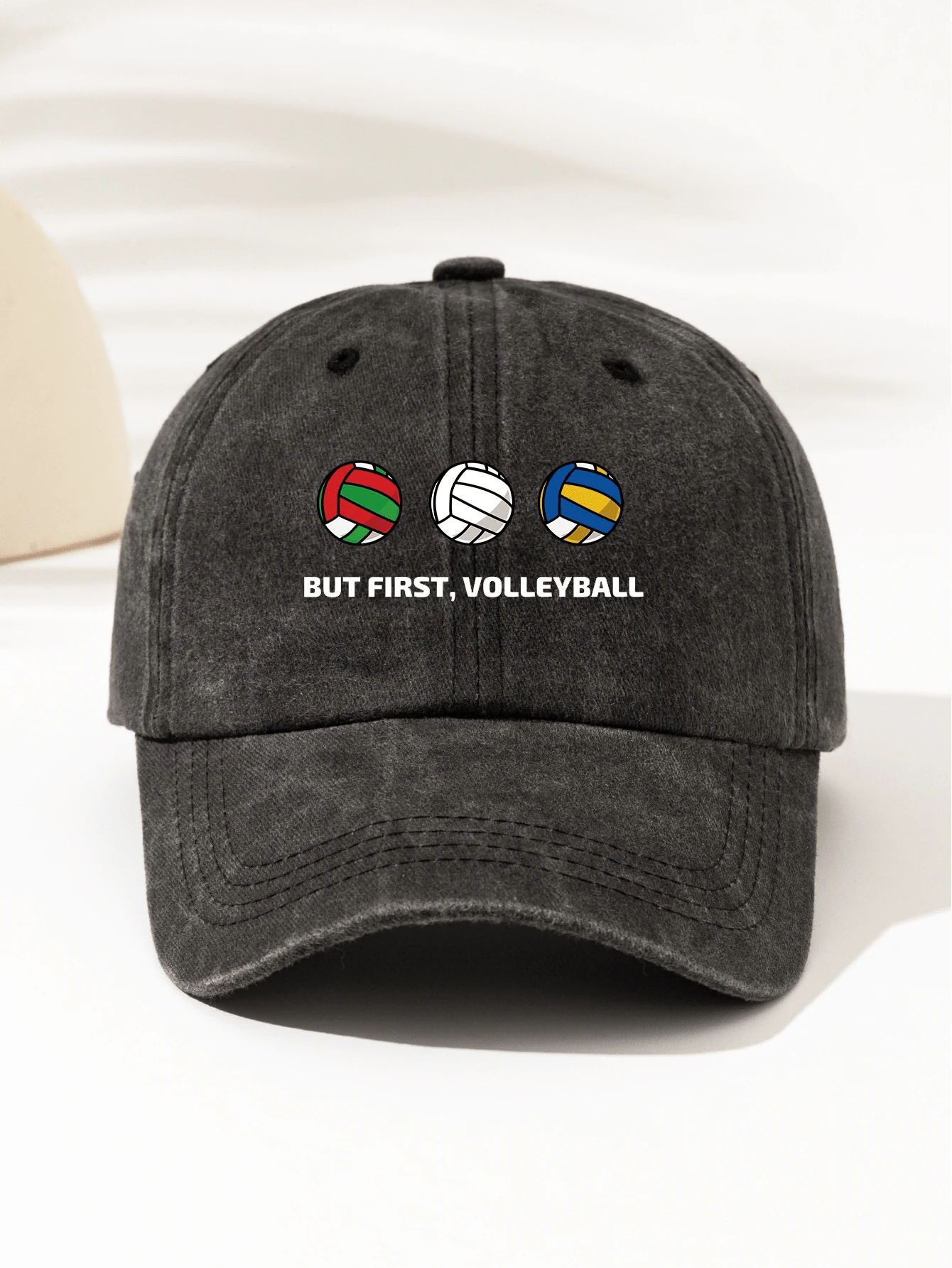 1pc Fashionable Minimalist Washed Baseball Cap With "But First, Volleyball" Graphic Print, Suitable As Gift For Family And Friends, High-Quality All Season - Baseball Cap - View 1