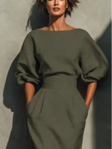 优雅女士圆领中长连衣裙，七分泡泡袖，休闲修身开衩下摆设计，春季款 - 橄欖綠 - 查看 3