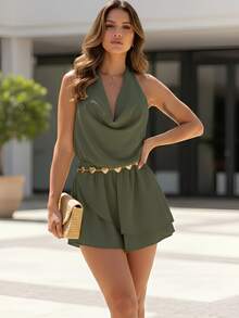 Women's Short, Loose-Fitting Jumpsuit Dress With A Cowl Neck, Tie Closure, And Open Back. - Baby Blue - View 2