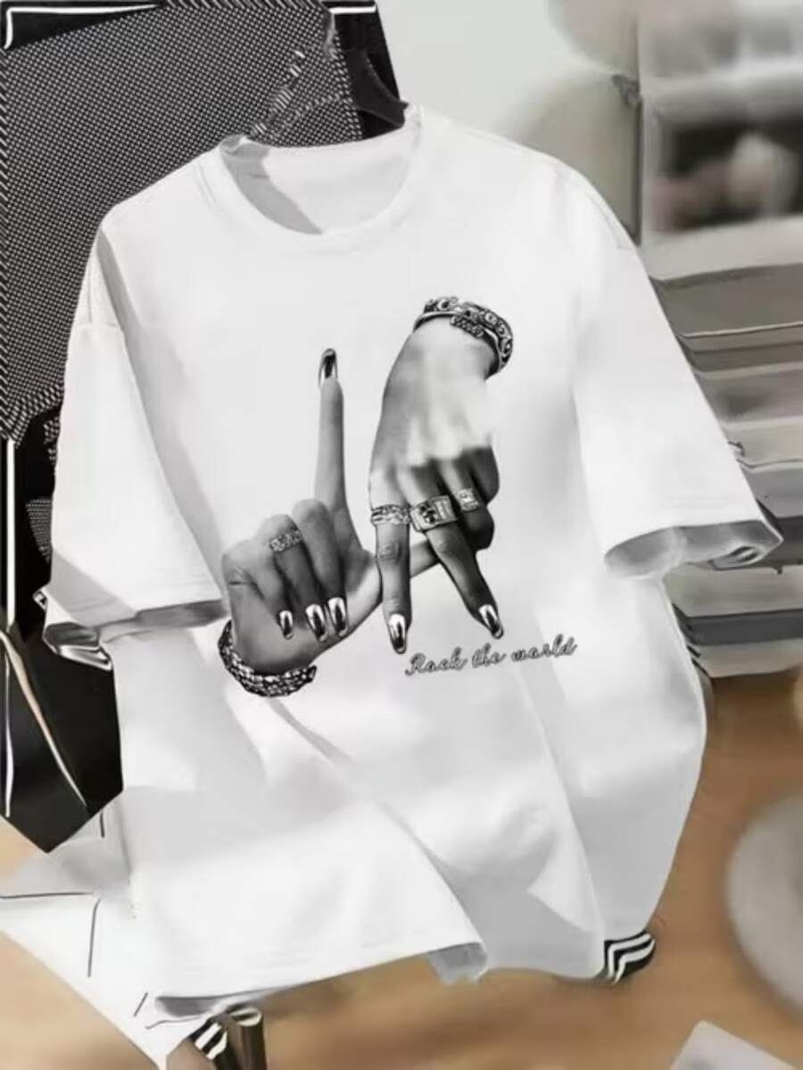 Summer Daily Casual Cotton Material Printed Short Sleeve T-Shirt-Simple Graphic Circle Design TopsRock The World Hand Gesture Design - 預設 - 查看 1