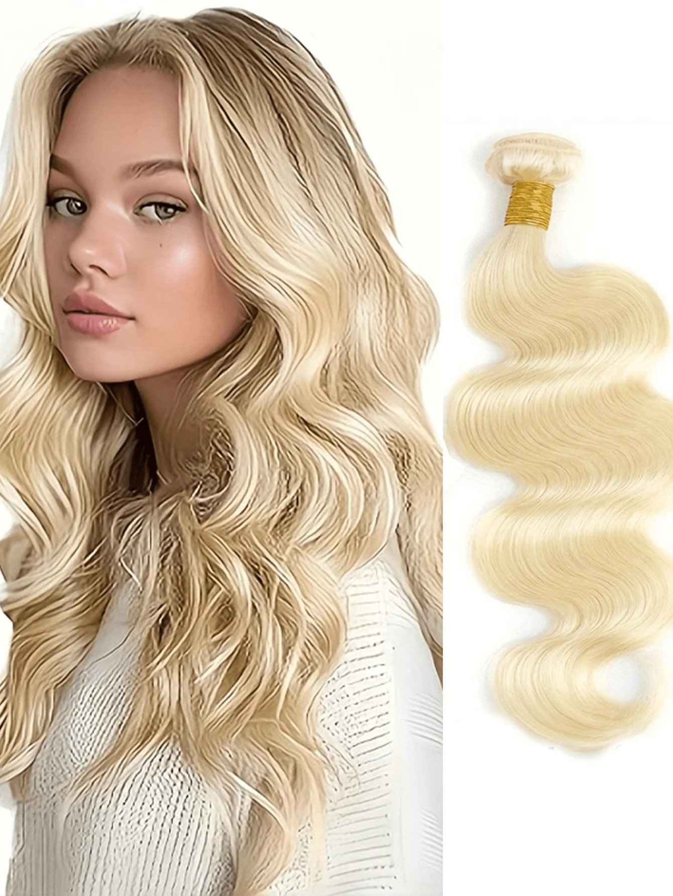 2 Bó tóc nối bằng tóc thật, kiểu sóng thân, màu vàng kim, 180g, dệt hai lớp, phù hợp cho phụ nữ mọi chủng tộc, chiều dài từ 16-30 inch, | Tóc dài và xoăn bồng bềnh | Được nối liền mạch để tạo vẻ ngoài đầy đặn hơn