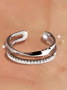 1枚S925纯银极简扭曲双层戒指，女士精致镂空立方氧化锆开口戒指 - 雙層 - 查看 7