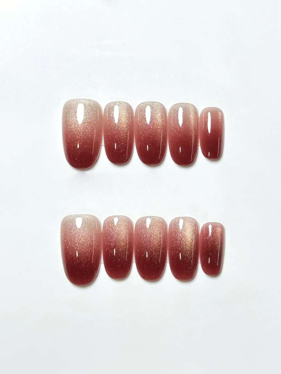 10pcs Pure Handmade Press On Nails Medium Nails Oval Nails Burgundy Nails Retro Elegant Wine Red Gradient Cat-Eye Glitter Simple Gentle Press-On Nails For Women And Girl,Spring Summer Fall Winter Festivals Party And Daily Life Use - Burgundy - View 1