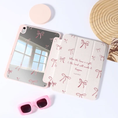 A Kawaii Pink Bow & Bible Verse Mirror Tablet Case, Foldable Stand Protective Cover Compatible With Pro 2024/Air M3/A16 2025,Ideal For Work, Travel, And Home Relaxation