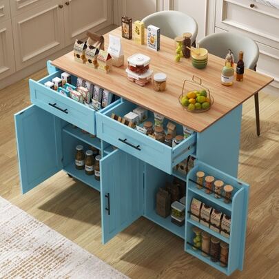 129x46 (71) X91.5 Cm Dining Trolley / Side Cabinet, Textured Solid Wood Countertop + Blue Cabinet / Folding Countertop / Storage Door Design / With Wheels / Reversible Solid Wood Legs / Suitable For Home