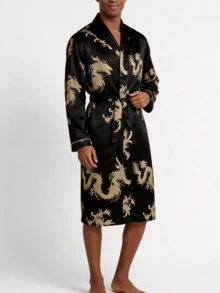 Snug League Men's Satin Long Sleeves And Golden Dragon Printed Sleepwear Robe, Suitable For All Seasons, For Fall, Winter - Black - View 2