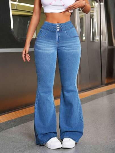 Pantalones vaqueros casuales de pierna acampanada y corte holgado con bolsillos para mujeres, Jeans diarios simples de unicolor para mujer, Jesns holgados lavados para mujer