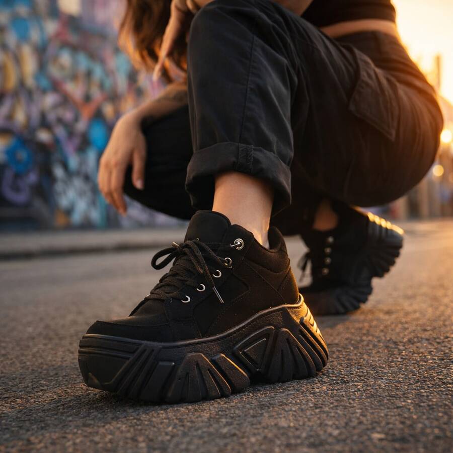 Buffalo Women's High Platform Sneakers Tractor Shoe 7cm High Promotion - 黑色 - 查看 1