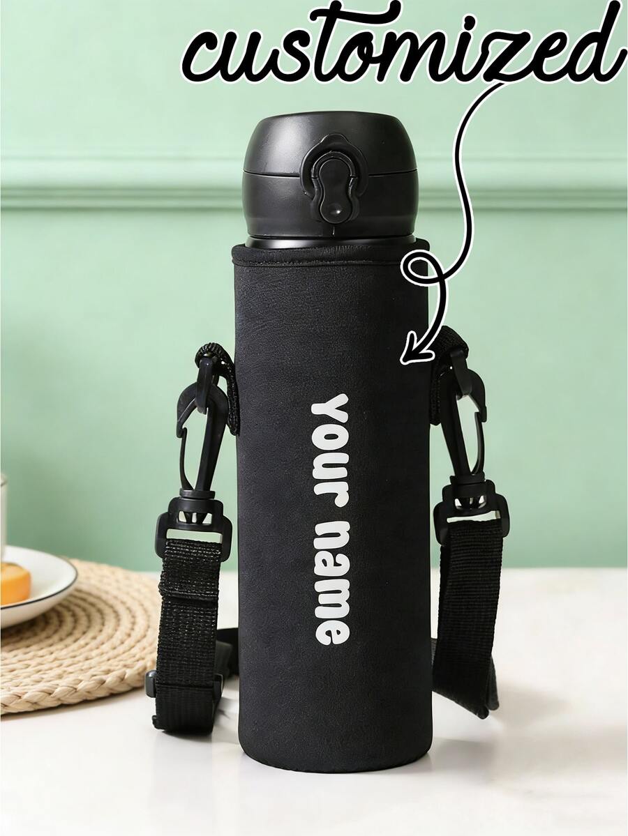1pc Angled Bottle Sleeve, Crossbody Or Handheld, Travel Essential, Customized Travel Name Text Insulated Neoprene Bottle Holder With Adjustable Strap - Fits 12oz To 40oz Stainless Steel, Glass And Plastic Bottles - Black - View 1