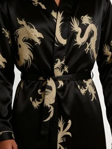 Snug League Men's Satin Long Sleeves And Golden Dragon Printed Sleepwear Robe, Suitable For All Seasons, For Fall, Winter - Black - View 6