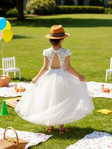 Tween Girl Lace Splice Mesh Open Back Dress, Floral Party Wedding Evening Gown - White - View 8