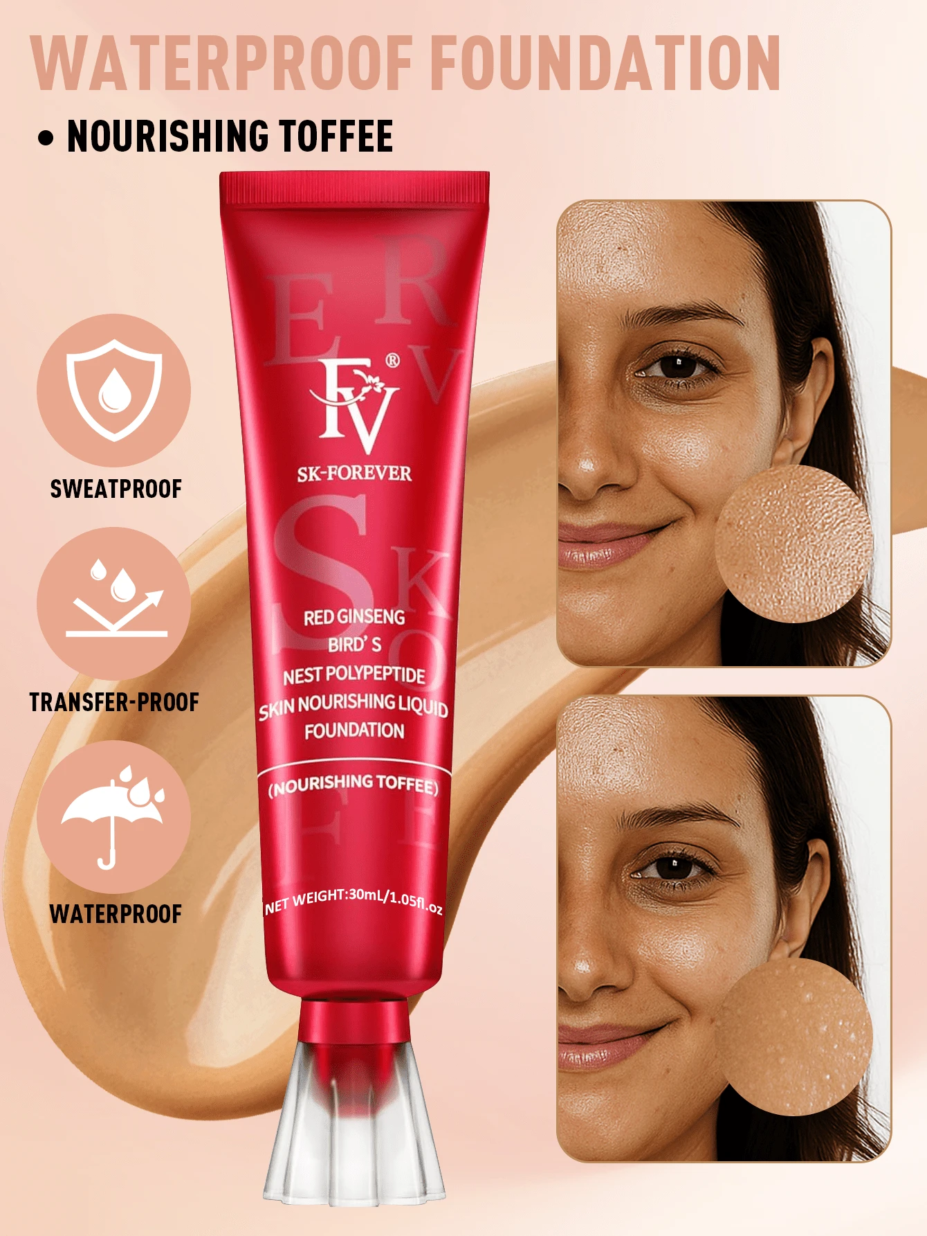 FV Matte Waterproof Foundation - Long-Lasting Makeup Effect, Medium-High Coverage, Oil-Control Lightweight Formula, Waterproof Concealer, Full Coverage Foundation, Professional Primer, Suitable For Combination/Oily Skin, 30ml