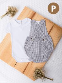 Baby Clothes Set: Gingham Checkered Overalls, 100% Cotton Suedine, Luxury Baby Boy/Girl Romper, Boy Collar, 1 To 9 Months - Xám - Xem 8