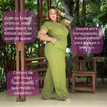 Plus Size Long Jumpsuit: Comfort And Elegance, Short Sleeves, Fitted Waist, Elasticated Waist, Wrap Neckline, V-Neck, Modern, Versatile For Day And Night, Elegant For Parties Or Events - Lia Rosa - 橄欖綠 - 查看 3