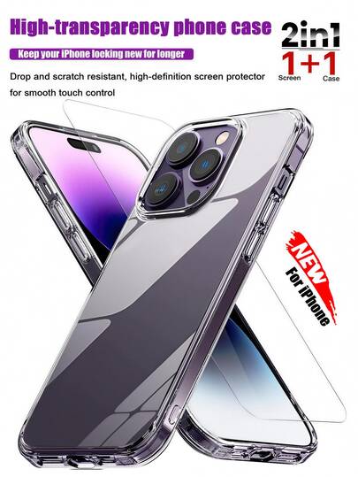 2-In-1 Combo Set: 9H Tempered Glass Screen Protector + Transparent Anti-Fall Phone Case For IPhone 17 Pro Max/17 Pro/17 Air/17/16 Pro Max/15 Pro Max/14 Pro Max/13 Pro Max/12 Pro Max/11 Pro Max, Anti-Scratch, Shockproof, Full Coverage, Case Friendly, HD Clear