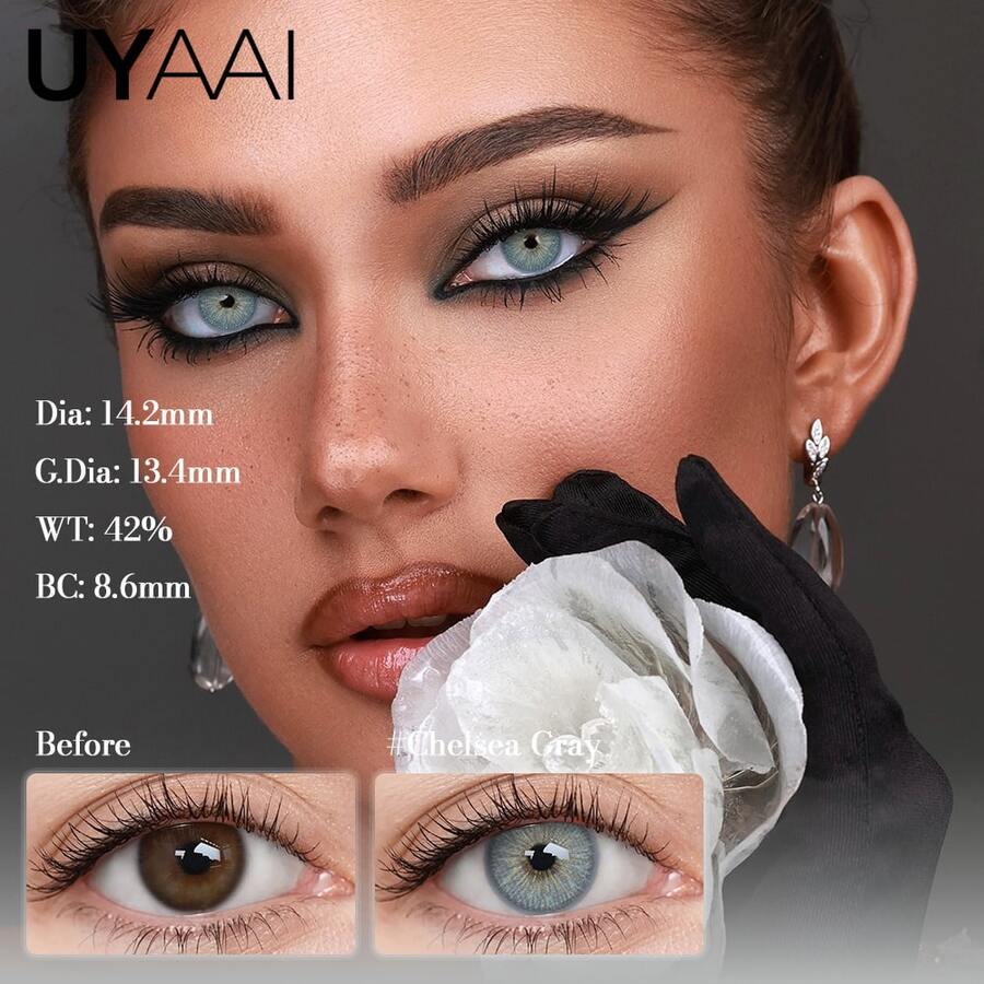 UYAAI 1 Pair Natural Gray Color Contact Lenses, 1 Year Disposable Colored Contacts, Suitable For Dates, Parties, Makeup