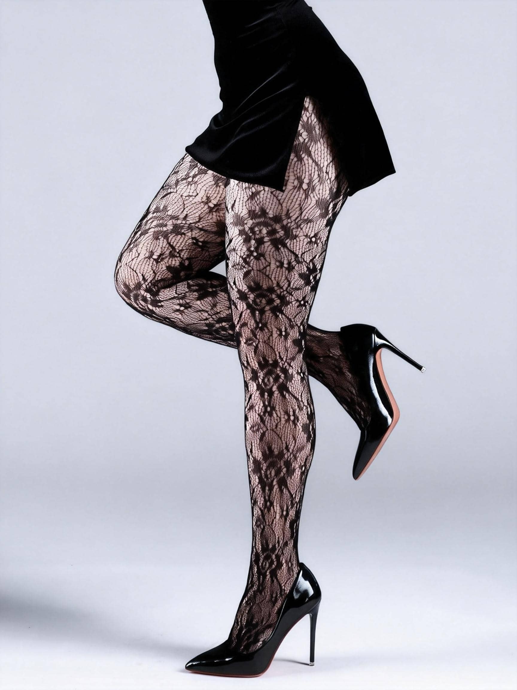 1 件女式高弹力网格连裤袜，时尚性感镂空复古黑色丝袜，适合万圣节、圣诞节、Y2K 风格 - 黑色 - 查看 1