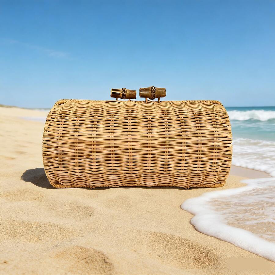 Shell Shape Rattan Evening Bag With Bamboo Clasp Natural Woven Straw ...