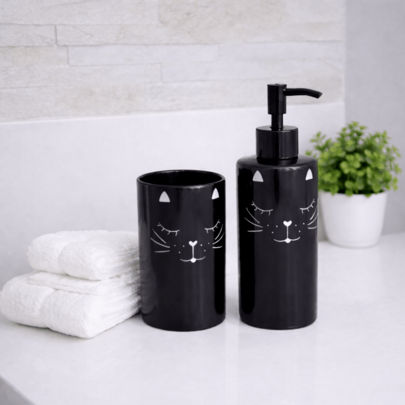 Kit Banheiro Dispenser Saboneteira E Porta Escova Gatinho Porcelana Lavabo 2 Peças