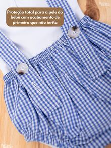 Baby Clothes Set: Gingham Checkered Overalls, 100% Cotton Suedine, Luxury Baby Boy/Girl Romper, Boy Collar, 1 To 9 Months - 藍色 - 查看 4