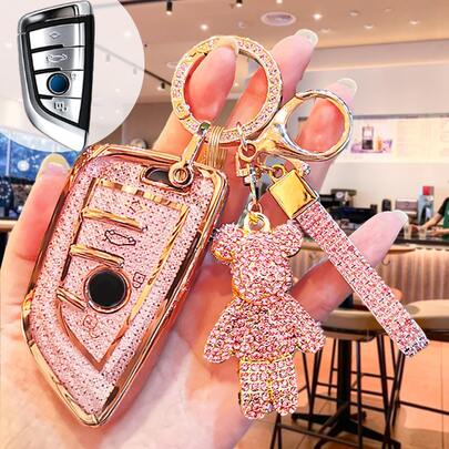 Estuche para llaves de coche con llavero de oso con strass, adecuado para BMW Serie 2/3/5/6/7, X1 X2 X3 X5 X6 - Diseño duradero, soporte de llaves práctico, ideal para entusiastas de BMW, regalo para mujeres