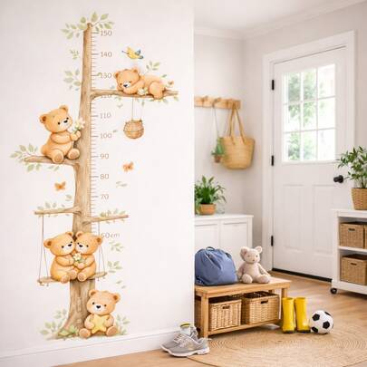 2 miếng dán tường hình gấu bông phong cách Boho cỡ lớn, thước đo chiều cao có thể tháo rời và dán dễ dàng, hoàn hảo cho trang trí nhà cửa với tông màu trung tính cho phòng trẻ sơ sinh, phòng ngủ và phòng chơi.