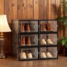 6/12/24-Pack Shoe Storage Boxes, Transparent Plastic Stackable Shoe Cabinet Organizer, Space-Saving Folding Athletic Shoe Container Rack - 黑色 - 查看 15