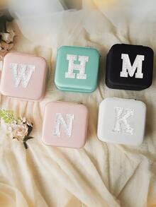 1pc Personalized Initial Letter Jewelry Box, Faux Diamond Pattern Decor, A-Z 26 Letters Mini Jewelry Box, Portable Jewelry Travel Case With Zipper For Earrings, Rings, Necklaces, Makeup, Bridesmaids Gift - Multicolor - View 4