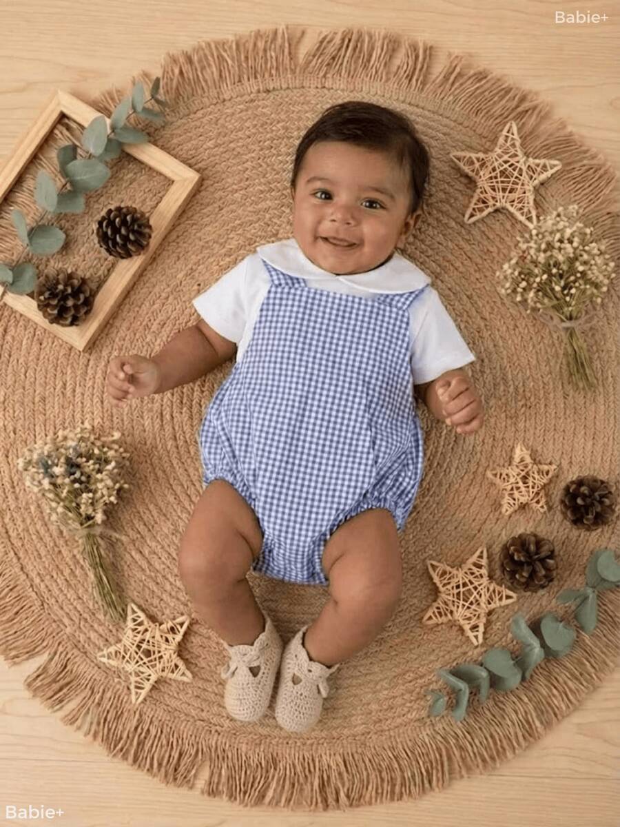 Baby Clothes Set: Gingham Checkered Overalls, 100% Cotton Suedine, Luxury Baby Boy/Girl Romper, Boy Collar, 1 To 9 Months - 藍色 - 查看 1