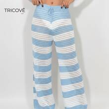 Striped Knit Pantaloons Beach Cover-Up Pants With Ties, Summer Fashion - 藍色 - 查看 1