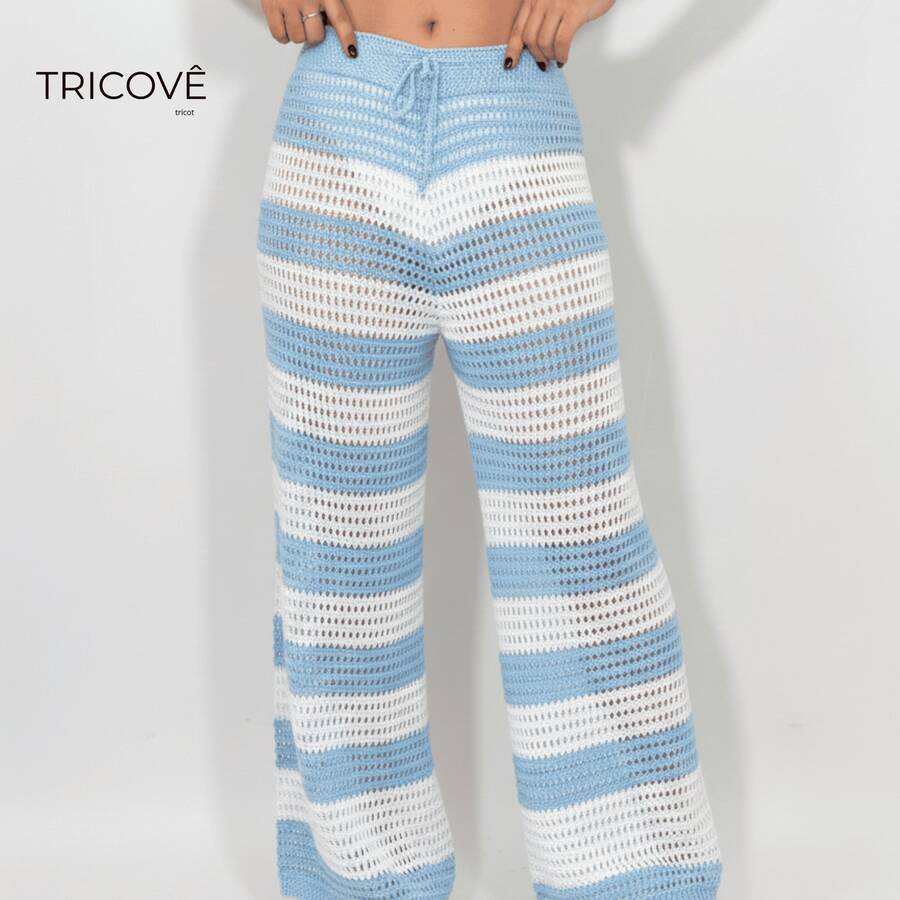 Striped Knit Pantaloons Beach Cover-Up Pants With Ties, Summer Fashion - Azul - Ver 1