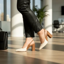 Women's White And Caramel Slingback Shoes – Comfortable Block Heel, Elegant And Modern Design - 駝色 - 查看 3