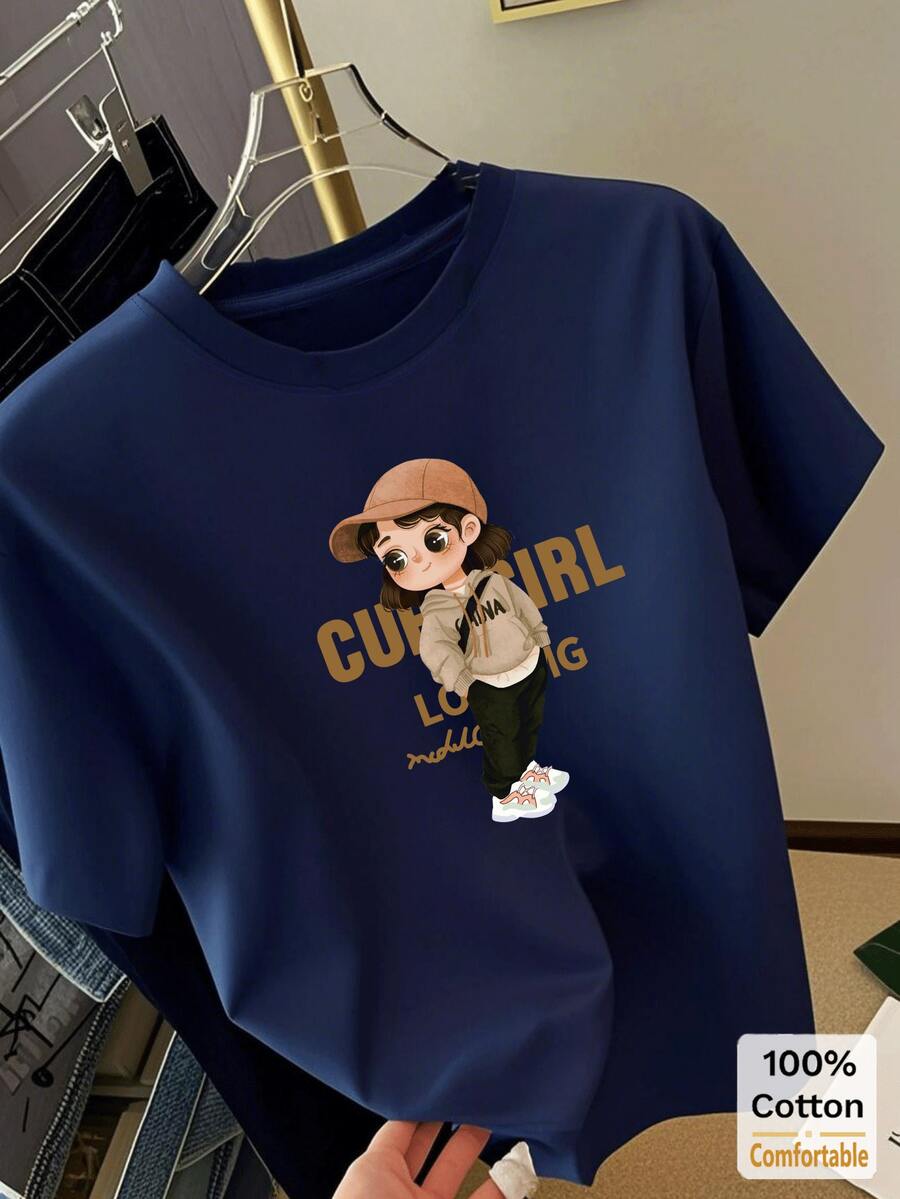 女童海军蓝卡通印花短袖中长T恤,时尚图案休闲夏季T恤 - 藏青色 - 查看 1