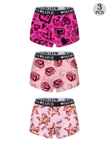 Dircho 3条装女士粉色爱心印花撞色包边平角内裤，舒适柔软丝滑弹力腰带贴身内裤，女士内衣裤 - 彩色 - 查看 1