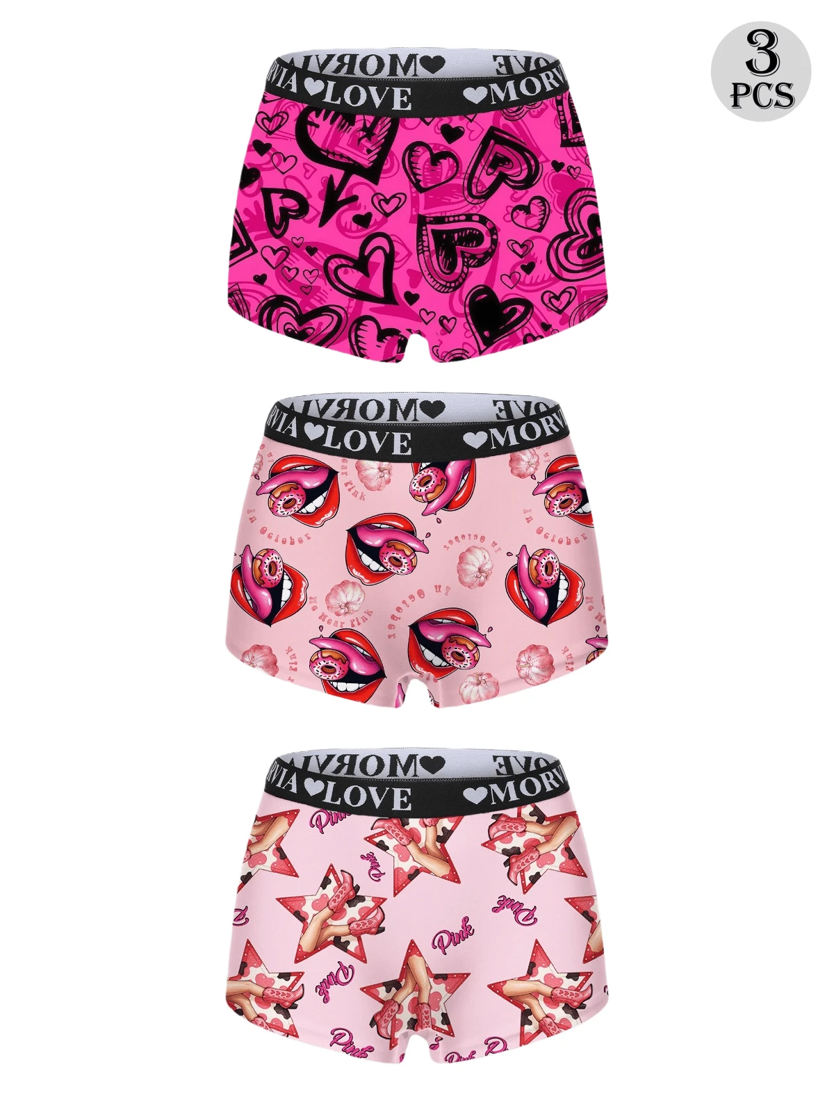 Dircho 3条装女士粉色爱心印花撞色包边平角内裤，舒适柔软丝滑弹力腰带贴身内裤，女士内衣裤 - 彩色 - 查看 1