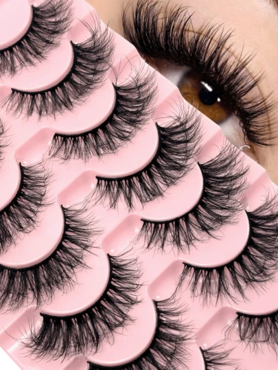 7 Pairs D Curl Fluffy Messy Faux Mink Eyelashes Cat Eye Lashes Crossed Natural Lashes Natural Makeup Effect Look Soft Lash Cross Wispy Reusable Eyelashes Versatile Style Suitable For Various Makeup Looks