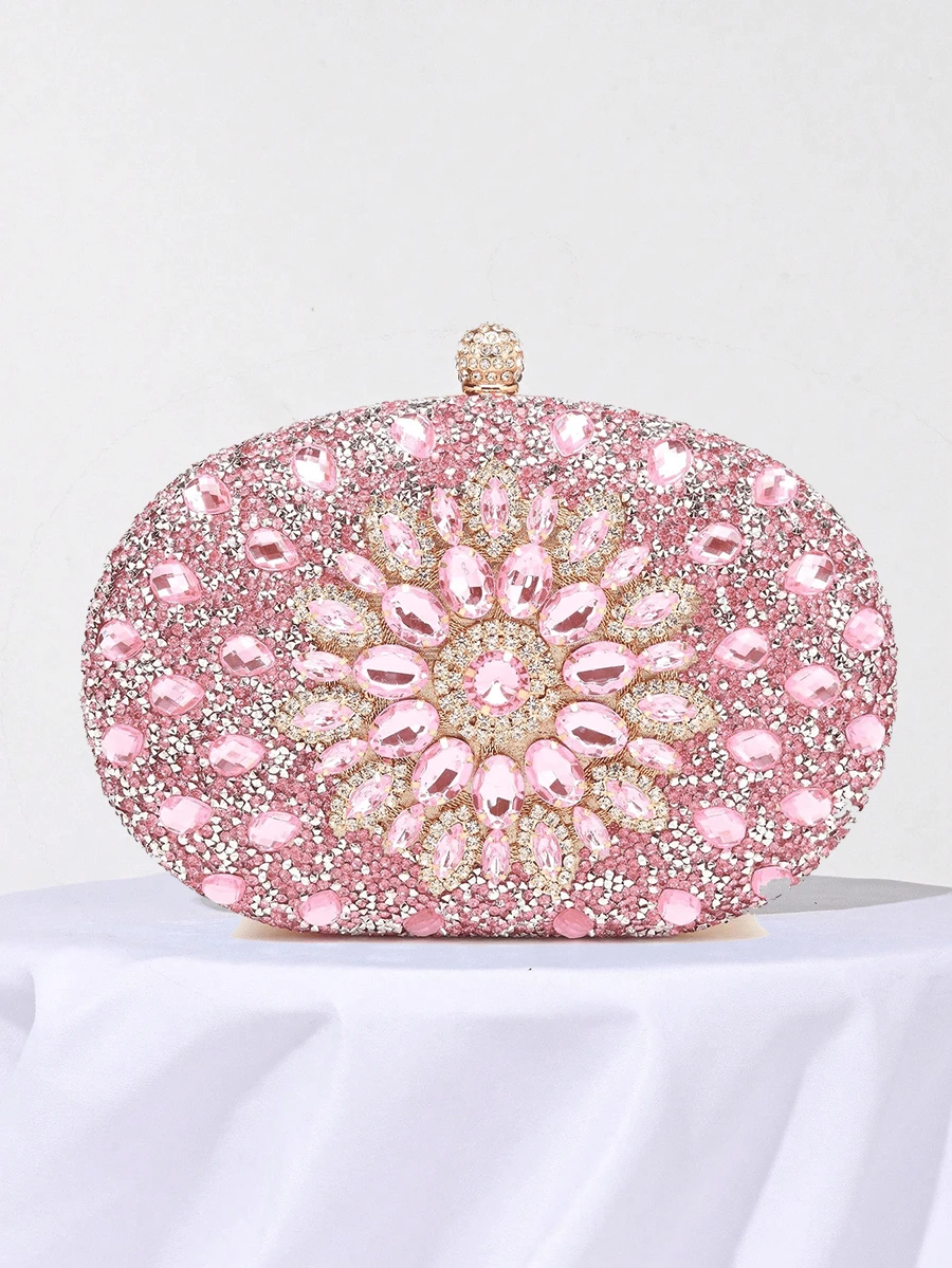 Women's Evening Bags Sparkly Rhinestone Clutch Purses Luxury Handbags | Sparkly, Rhinestone, Luxury, Sparkly, Rhinestone, Luxury - Sparkling Oval Purse With Convertible Gold Chain, Elegant Bridal & Prom Handbag For Weddings, Parties, And Formal Events - 粉色 - 查看 1