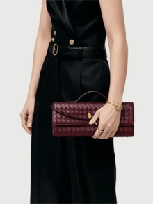 Woven Purse For Women Evening Clutch Woven Leather Handbags Crossbody Bag Purse Formal Evening Bag, Vegan Leather, New Arrival Woven Shoulder Bag/Crossbody Bag, Fashionable Long Clutch Purse, Suitable For Spring/Summer - 酒紅色 - 查看 7