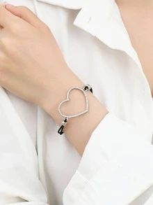 1 pieza Pulsera trenzada con colgante de corazón dulce, brazalete de cristal con tono dorado de moda, joya de como regalo para ella - Negro - Ver 2