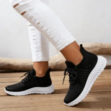 Zapatillas deportivas casuales para mujer con suelas suaves, cómodas zapatillas de punto transpirables, zapatos ligeros de moda con suelas de PVC y diseño de cordones, Zapatos para mujer - Negro - Ver 4
