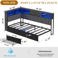 CollaredEagle Twin Corner Bed Frame With Storage Bookcase, Bed Unit With Charging Station And LED Light, Twin Size Platform Beds With Storage And Charging Station, With 2 Underneath Storage Drawers, Gray - Xem 3