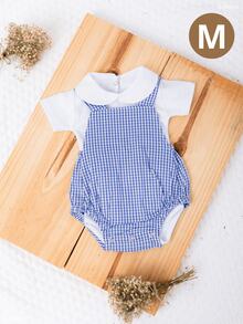 Baby Clothes Set: Gingham Checkered Overalls, 100% Cotton Suedine, Luxury Baby Boy/Girl Romper, Boy Collar, 1 To 9 Months - 藍色 - 查看 7