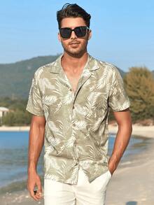 Men's Hawaiian Flower Shirt With Cotton Button Tropical Holiday Beach Short Sleeve Shirt - 綠色 - 查看 3