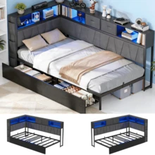 CollaredEagle Twin Corner Bed Frame With Storage Bookcase, Bed Unit With Charging Station And LED Light, Twin Size Platform Beds With Storage And Charging Station, With 2 Underneath Storage Drawers, Gray - Xem 2