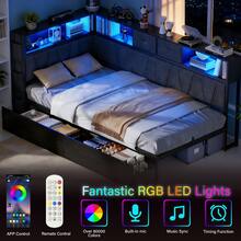 CollaredEagle Twin Corner Bed Frame With Storage Bookcase, Bed Unit With Charging Station And LED Light, Twin Size Platform Beds With Storage And Charging Station, With 2 Underneath Storage Drawers, Gray - Xem 5