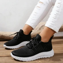 Zapatillas deportivas casuales para mujer con suelas suaves, cómodas zapatillas de punto transpirables, zapatos ligeros de moda con suelas de PVC y diseño de cordones, Zapatos para mujer - Negro - Ver 3