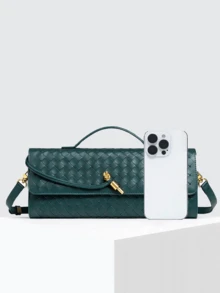 Woven Purse For Women Evening Clutch Woven Leather Handbags Crossbody Bag Purse Formal Evening Bag, Vegan Leather, New Arrival Woven Shoulder Bag/Crossbody Bag, Fashionable Long Clutch Purse, Suitable For Spring/Summer - 綠色 - 查看 3