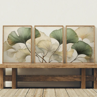 3pcs Modern Minimalist Wall Art Posters, Featuring Pale Green And Beige Ginkgo Leaves 2D Flat Artwork, Captivating Botanical Art, With Or Without Frames, Suitable For Home Decor, Housewarming Gift, Dorm, Apartment, Hotel, Living Room, Bedroom, Bathroom, Office Wall Decoration