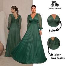 Elegant Women's Long Dress With Long Sleeves And Pleats, Suitable For Bridesmaids, Bridesmaids, Mothers Of The Bride, Groomsmen, Weddings, Graduations, And Evangelical Fashion. - 黑色 - 查看 4