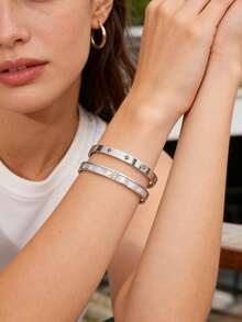 VceTd 2 Buah Gelang Stainless Steel Gaya Bisnis Minimalis dengan Dekorasi Kaca, Cocok untuk Busana Wanita Saat Berpergian atau Sebagai Hadiah untuk Sahabat Terbaik - Perak - View 4